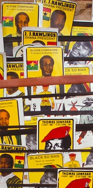 OUAGADOUGOU: Stall selling stickers of politicians Blaise Compaoré, JJ Rawlings and Thomas Sankara, and the band Black So Man. Crispin Hughes / Panos