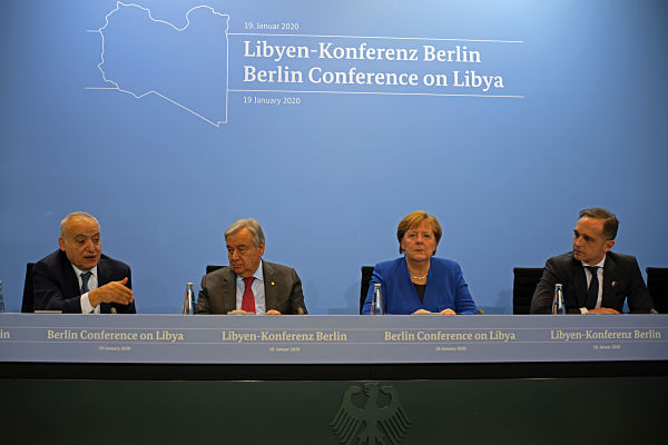 L to R: Ghassan Salame, Antonio Guterres, Angela Merkel and Heiko Maas, Berlin Conference on Libya, 19 January 2020. Pic: Wang Qing/Xinhua News Agency/PA Images