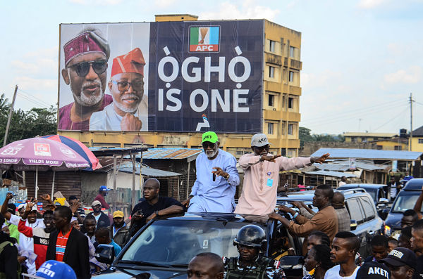 Rotimi Akeredolu and his deputy Lucky Ayedatiwa celebrate their victory, Ondo State, 10 October 2020. Pic: Olukayode Jaiyeola/NurPhoto/PA Images