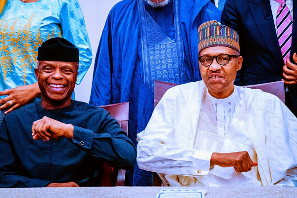 "File: Vice President Yemi Osinbajo and President Buhari.png" by NarenderShimla is licensed under CC BY-SA 4.0